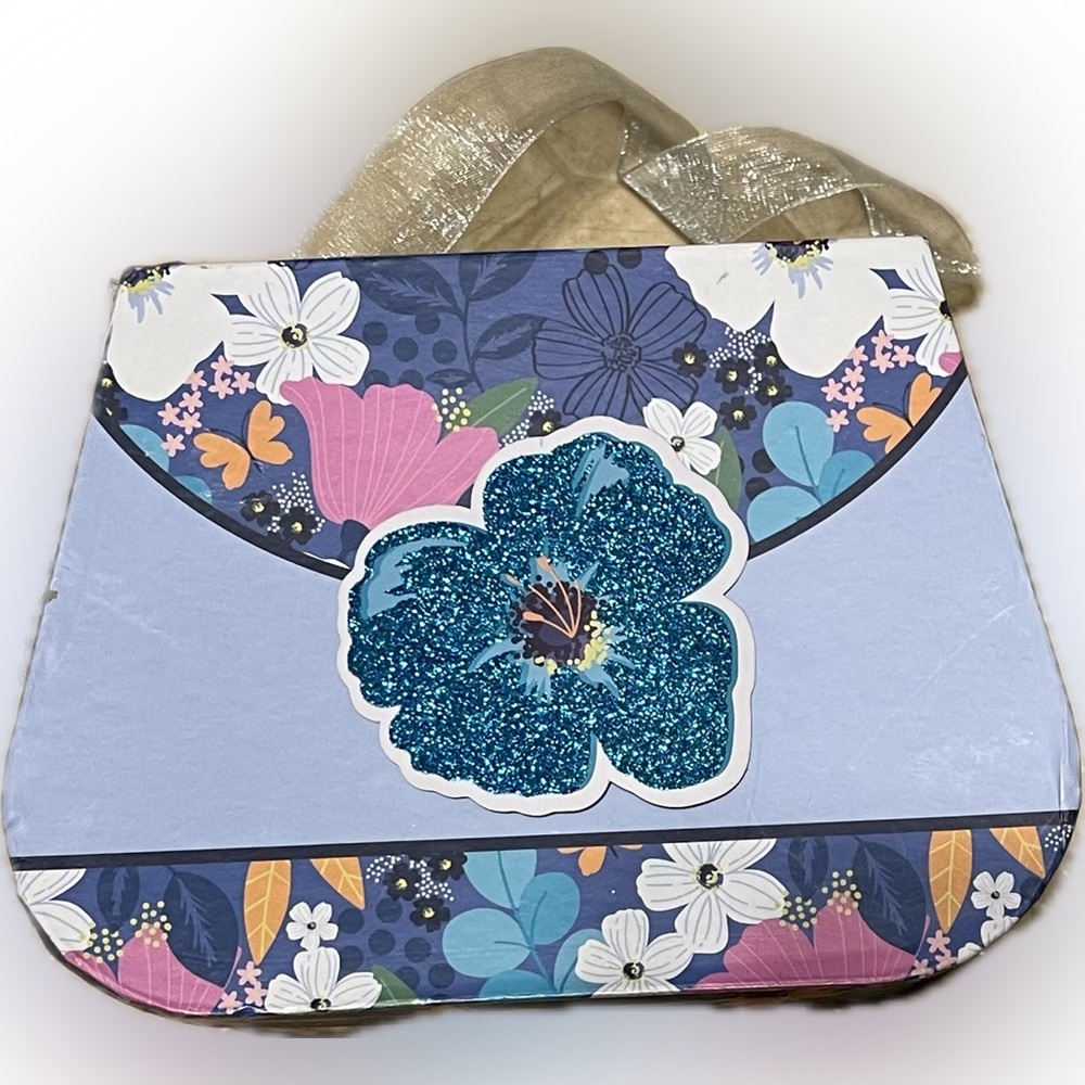 🍄 Purse Shaped Gift Box Lid Organza Handle Floral Glitter Decor Accent
